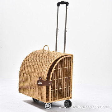 Artificial Rattan Wicker Travel Breathable Capsule Pet Carrier Bag Trolley Suitcase Portable Cat Dog Universal Case